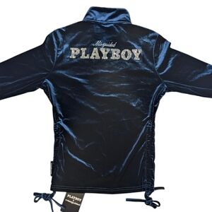 Missguided X PLAYBOY blue zip up ruched, mock neck track jacket. Large.